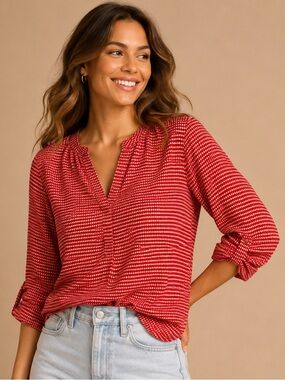JW New Style Red Geometric Print Long Sleeve Blouse Size L
